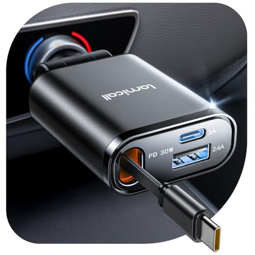 Lamicall Retractable Car Charger USB C 57W Charging for iPhone 18 17 16 Duo - color: Upgrade-Black