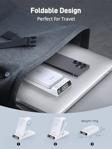 Wireless Charger for Samsung S25 with Clock 3 in1 Foldable Charging Station - color: White