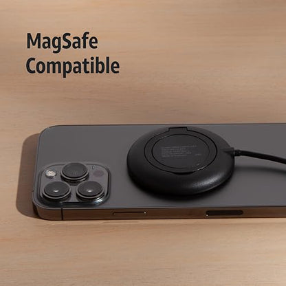 AT&T Magnetic Wireless Charging Pad with Built-in Ring Stand – 15W Fast Charging, USB-C PD Input, Case-Friendly Magnetic Design – Ideal for Desk, Travel, and Nightstand Use – Black - color: Black - Ring Stand