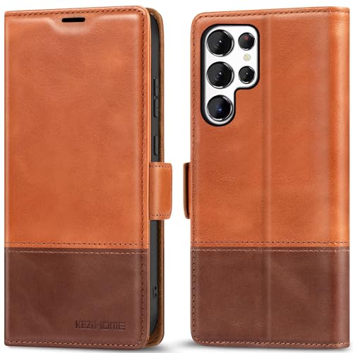 KEZiHOME Genuine Leather Wallet Case for Samsung Galaxy S25 Ultra | Khaki/Brown, RFID Blocking, S25 Ultra Wallet Case, Card Slot, Flip, Magnetic Stand Phone Cover Compatible with S25 Ultra - color: Khaki/Brown, size: Galaxy S25 Ultra Case