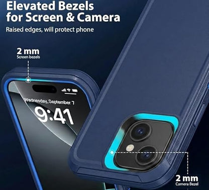 Apple iPhone 13 / iPhone 14 / iPhone 15 / iPhone 16e Case (6.1") Rugged Case Heavy Duty Shockproof Dust/Drop Proof Dual Layer Cover Navy - color: Navy