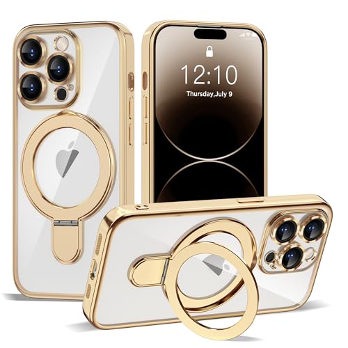 Compatible with iPhone 14 Pro Case with Invisible Magnetic Ring Stand [Compatible with Mag-Safe] [Full Camera Lens Protector] Plating Clear Phone Case for iPhone 14 Pro 6.1", Gold - color: Gold, size: Iphone 14 Pro
