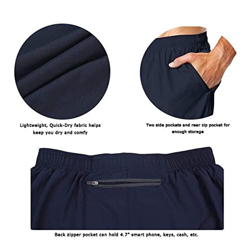 EZRUN Men's 5" Athletic Running Shorts Quick Dry with Liner Zip Pocket - color: Navy Blue, size: Medium