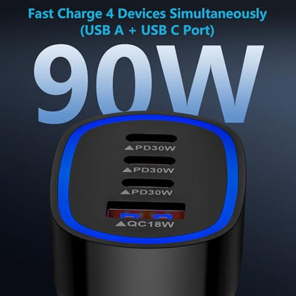 Multi 4 Ports Fast Car Charger Adapter 12V Auto Vehicle Plug USB C USB A - color: black, style: USB C & A