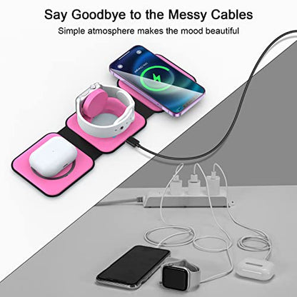 3 in 1 Wireless Charging Station for Apple,Foldable Magnetic Travel Charger - color: rose red