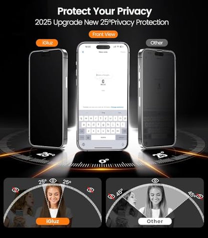 iGluz 4-Pack Privacy Screen Protector for iPhone 16, iPhone 15, and iPhone 14 Pro (6.1"), 25° Anti-Spy Tempered Glass, 9H Hardness, 12FT Drop Resistant, Auto-Align Installation Frame, 3D Curved Edges