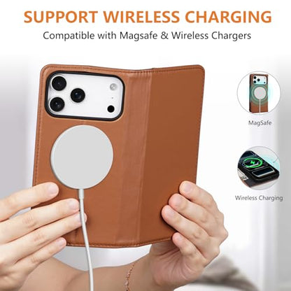 for iPhone 17 Pro Max 6.9" Wallet Case Card Holder Brown | Magsafe Compatible,RFID Blocking,Kickstand,Folio Cover,Genuine Leather - color: Brown, size: 6.9" iPhone 17 Pro Max