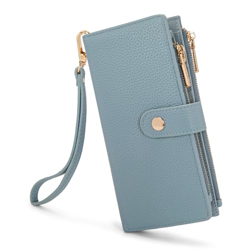 Montana West Wallet Wristlet Women Bifold Wallets, Card Cases & Money Organizers Large Capacity Phone Wallet Ladies Female Minimalist Clutch Wallets with Double Zipper Purses and ID Window - color: Jeans Blue