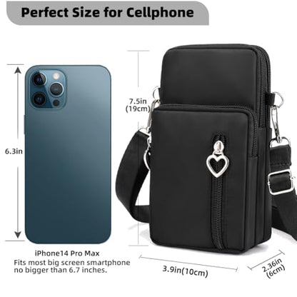 Small Crossbody Bag for Women, Multi Zip Pockets Nylon Wallet Purse Credit Card Holder with Detachable Hand Strap - color: Black