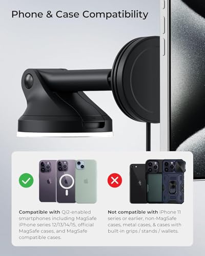 iOttie Velox Qi2 Mini 15W Wireless Charger Car Mount - Dash & Windshield Car Phone Holder - MagSafe Compatible iPhone Mount for Qi2 Smartphones (iPhone12 13 14 15 16 and 17) - Car Charger Included - style: Qi 2 Wireless Charging