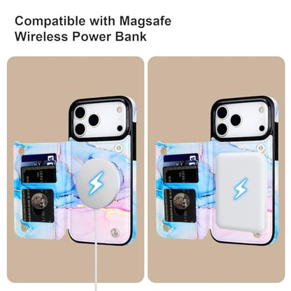 HAOPINSH Wallet Case for iPhone 17 Pro Max,Compatible with MagSafe Wireless Charging, Pink Blue Marble Pattern Back Flip Folio PU Leather Kickstand Card Slots Case Double Magnetic Clasp Cover 6.9" - color: Pink Blue Marble for MagSafe