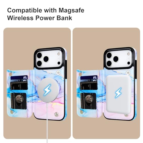 HAOPINSH Wallet Case for iPhone 17 Pro Max,Compatible with MagSafe Wireless Charging, Pink Blue Marble Pattern Back Flip Folio PU Leather Kickstand Card Slots Case Double Magnetic Clasp Cover 6.9" - color: Pink Blue Marble for MagSafe