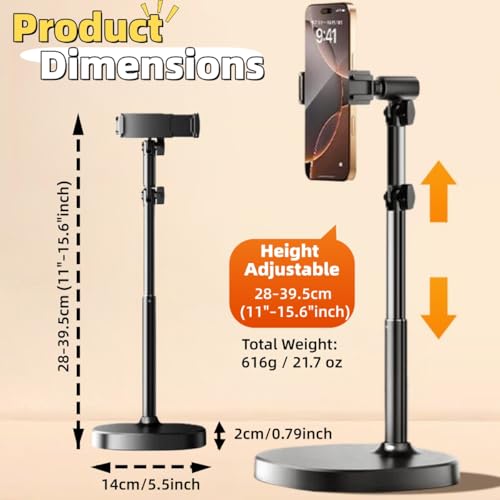 JA-A Adjustable Aluminum Phone Stand for Desk, Universal iPhone Holder, Retractable Cell Phone Stand Compatible with iPhone 17/16/15 Pro Max, Recording & Office Use. (A/Black)