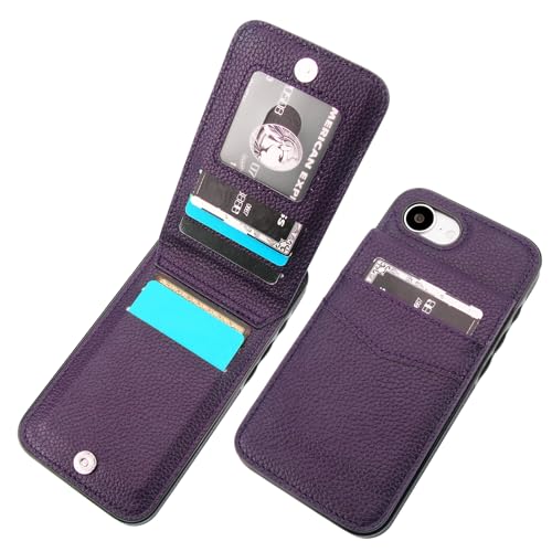 KIHUWEY for iPhone 17e/16e Wallet Case Card Holder, Lichee Dark Purple | Credit Card Slots, PU Leather, Kickstand, Magnetic, Flip Heavy Duty Protection Cover for Men and Women - color: Lichee Dark Purple