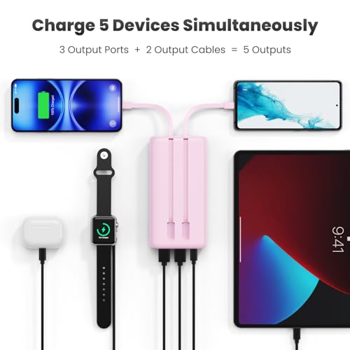 Portable Charger 40,800mAh Power Bank 25W Portable Battery Pack with 2 Built in Cables [2026 Upgraded], PD QC4.0 Fast Charging Portable Phone Charger Compatible with iPhone 17/16,Android Samsung-Pink - color: Pink