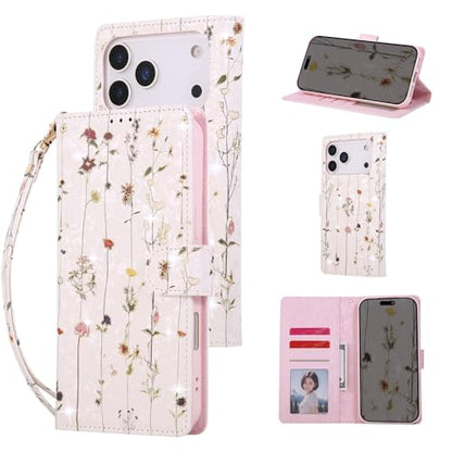 UEEBAI Wallet Case for iPhone 17 Pro, PU Leather Phone Cover Kickstand RFID Blocking Flip Case Card Slots Wrist Strap Relief Engraved Pattern Magnetic Closure Flower Folio Wallet, Vine - color: Vine, size: iPhone 17 Pro