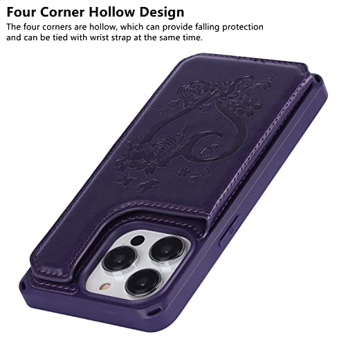 iCoverCase Compatible with iPhone 14 Pro Wallet Phone Case with Card Holder for Women, RFID Blocking Embossed PU Leather Wrist Strap Case 6.1 Inch (Heart Dark Purple) - color: H-Dark Purple