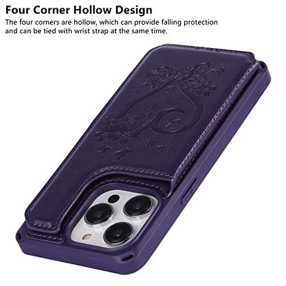 iCoverCase Compatible with iPhone 14 Pro Wallet Phone Case with Card Holder for Women, RFID Blocking Embossed PU Leather Wrist Strap Case 6.1 Inch (Heart Dark Purple) - color: H-Dark Purple