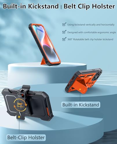 FNTCASE for iPhone 14/13 Case : with Belt-Clip Holster & Kickstand - Heavy Duty Military Grade Protection Cover Shockproof TPU Phone Shell Durable Rugged Full Protective Phonecase - 6.1 inch Orange | Rugged Kickstand, Military-Grade Drop Protection, Full