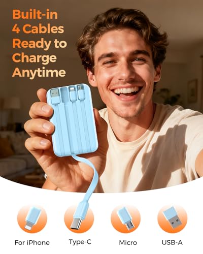 Portable Charger 10000mAh with 4 Built-in Cables 40% Smaller - color: Light Blue