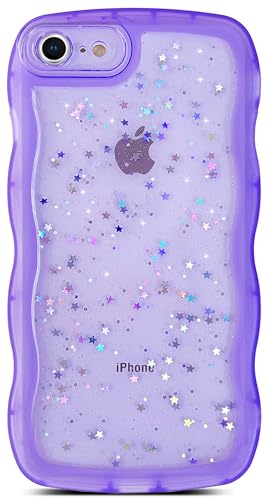 Qokey for iPhone SE & 8/7 Case - Cute Clear Glitter Curly Wave Design, Transparent Bling Shiny Protection Soft TPU Shockproof Phone Cover for Women Girls - Purple - color: Purple, size: for iPhone SE/8/7