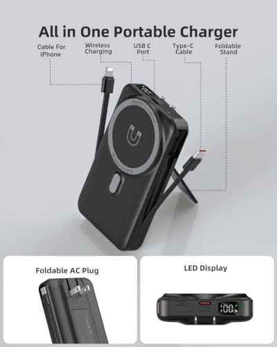 for Magsafe Portable Charger for iPhone 10000mAh Wireless Magnetic Power Bank, 22.5W Fast Charging Battery Pack, Built-in Cables and Wall Plug & Foldable Stand for iPhone 18/17/16/15/14/13 Series