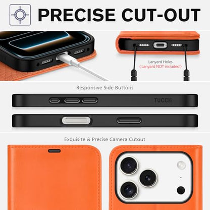 TUCCH Wallet Case for iPhone 17 Pro (6.3") 2025, 4 Card Slots, Orange | RFID Blocking, Viewing Stand, Shockproof TPU Shell, PU Leather, Magnetic Closure, Protective Folio Flip Cover - color: Orange