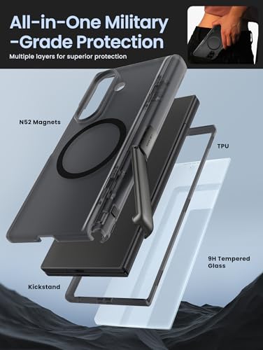 i-Blason for Samsung Galaxy Z Fold 7 Case [9H+ Tempered Glass Screen Protector] [MagSafe Compatible] [Hinge Protection & Kickstand] Full-Body Protective Magnetic Phone Case for Z Fold 7 (Frost Black) - color: Frost Black