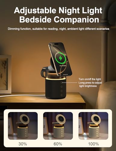 5-in-1 Magnetic Wireless Charging Station for Apple Device, Portable Bluetooth Speaker with Adjustable Night Light, 33W Fast Charger Stand for iPhone 17/16/15/14/13 Pro Max, Apple Watch, AirPods - color: Black