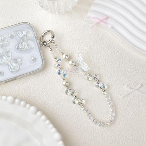 Beaded Phone Wrist Strap,Crystal Glitter Cute Butterfly Keychain Wristlet,Phone Chain Wristlet Purse Bag Charms - color: White