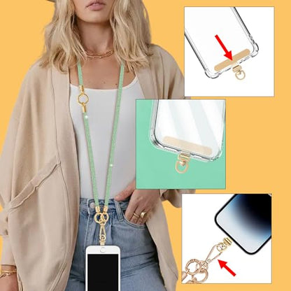 Crystal Phone Strap Crossbody and Wrist Lanyard, Anti Theft Layered & Wrist Strap Cell Phone Neck for Women - color: Light Green