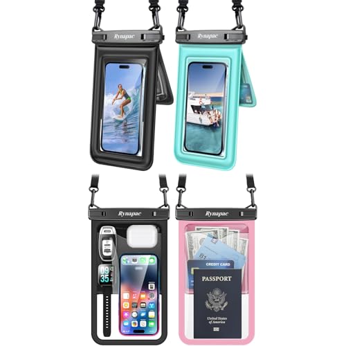Rynapac 4 Pack IPX8 Waterproof Phone Pouch - [10in 2Pack + 8.5in 2Pack] with Adjustable Lanyard for iPhone 17 16 15 Pro Max