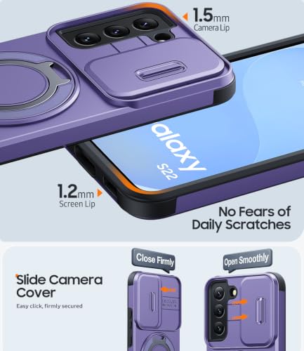 JAME for Samsung Galaxy S22 Case with Ring Stand & Slide Camera Cover - color: Purple, size: Galaxy S22