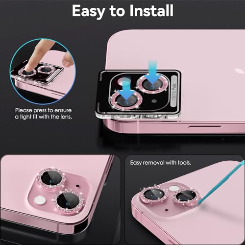 CloudValley for iPhone 15/15 Plus Camera Lens Protector Bling, Ultra-HD Tempered Glass Camera Cover [Case-Friendly] Metal Individual Lens Screen Protective Ring, Glitter Pink - color: Glitter Pink