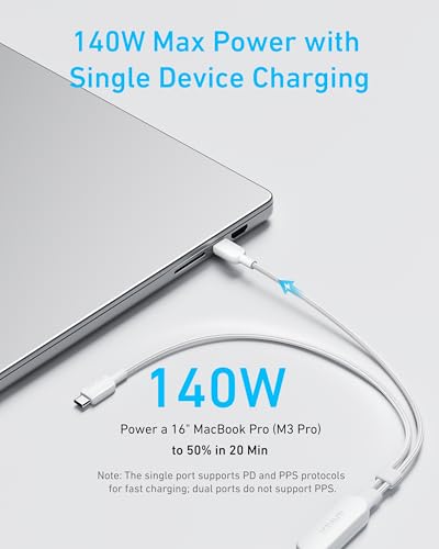 Anker 2-in-1 USB C to USB C Cable, 140W Max (1-Pack, 6 ft, White) - color: White, size: 6FT