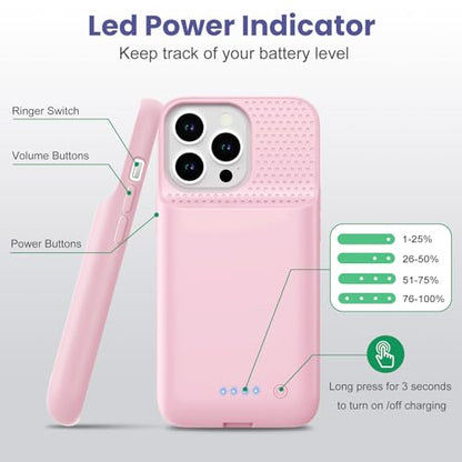 Feob Battery Case for iPhone 13/13 Pro/14,[2025 Upgraded] 7500 mAh Ultra-Slim Portable Extended Charger Cover for iPhone 13/13 Pro/14 Charging Case (6.1 Inch)-Pink - color: Pink