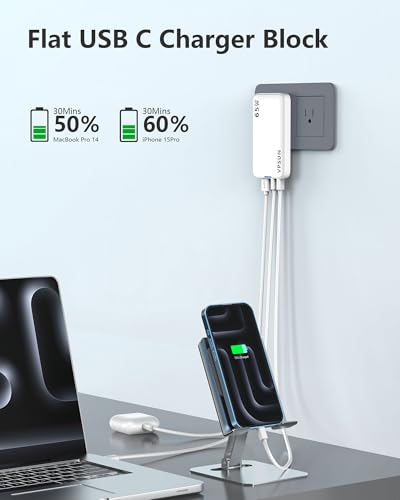 65W GaN Flat USB Wall Charger Block - 3 Port Foldable USB Charging Block - color: White