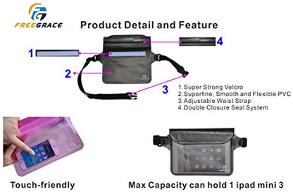 Freegrace Waterproof Pouches with Waist Strap / Pouch Case Bundle Set- Keep Your Phone & Valuables Dry and Safe - Waterproof Dry Bags for Boating Swimming Snorkeling Kayaking Beach Water Parks Pool - color: Black