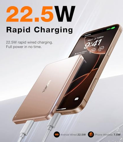 TORRAS MiniMag Power Bank,Ultra-Slim 10,000mAh Magnetic Wireless Portable Charger, 22.5W Fast Charging iPhone Air Magnetic Battery Pack Designed for iPhone 17 Pro Max/17 Pro/Air/16/15/14/13/12, Gold - color: Dune Gold