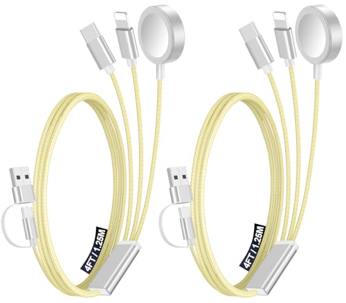 2Pack Travel Essentials for Apple Watch Charger,3-in-2 Multi Charging Cable - color: Yellow, size: 2Pack-4FT