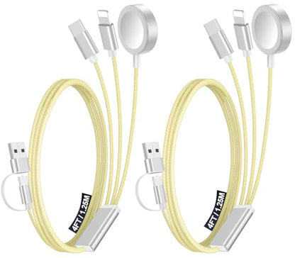 2Pack Travel Essentials for Apple Watch Charger,3-in-2 Multi Charging Cable - color: Yellow, size: 2Pack-4FT