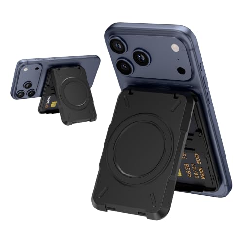 PROfezzion Double Side Magnetic Phone Card Holder Wallet for MagSafe, Black | Black, RFID Blocking, Compatible with iPhone 17 16 15 14 13 12 Pro Max, Holds 4-Cards, Secure Snap Latch, Adjustable Stand - color: BLACK