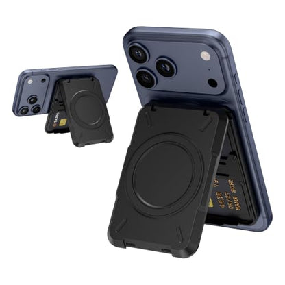 PROfezzion Double Side Magnetic Phone Card Holder Wallet for MagSafe, Black | Black, RFID Blocking, Compatible with iPhone 17 16 15 14 13 12 Pro Max, Holds 4-Cards, Secure Snap Latch, Adjustable Stand - color: BLACK