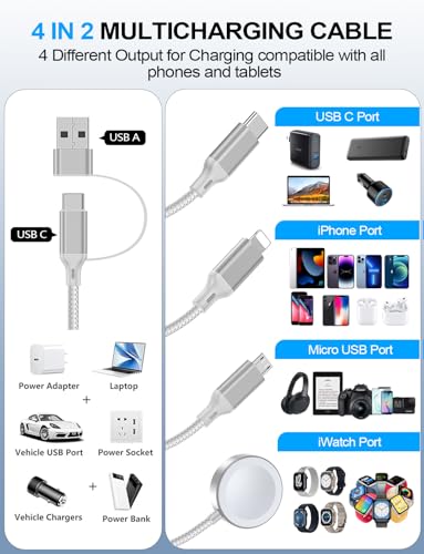 4-in-2 Multi Charging Cable for Apple Watch Charger/iPhone/Galaxy Charger - color: 2-White+White, size: 1.2M