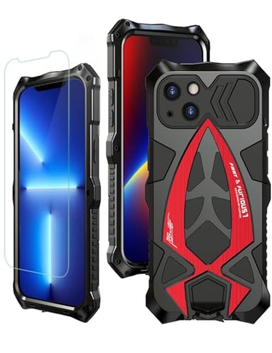 Military Grade Phone Case for iPhone 13 - Black + Red | Armor Heavy Duty, Full Body Cover, Aluminium Bumper, Built-in Silicone Shockproof Dustproof with Screen Protector - color: (13) Black + red