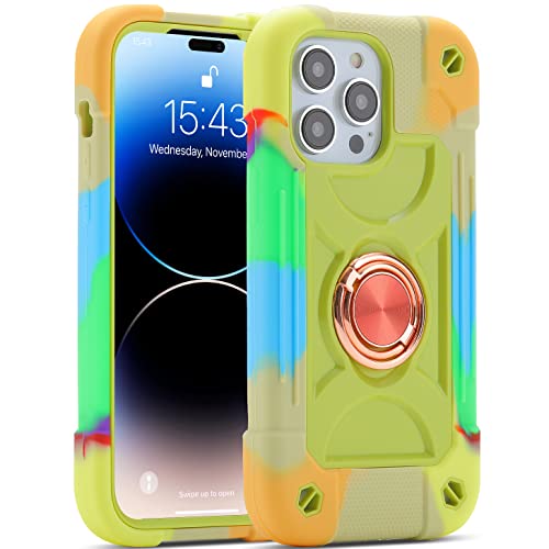 MARKILL Compatible with iPhone 14 Pro Case 6.1 Inch with Built-in Ring Stand, Military Grade Drop Protection Full Body Rugged Heavy Duty Case 3 in 1 Protective Durable Cover - color: Rainbow Green, size: iPhone 14 Pro 6.1"