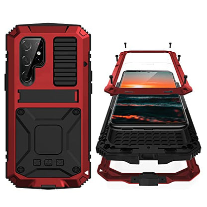 Simicoo Compatible with Samsung S22 Plus Metal Bumper Silicone Case with Stand Hybrid Military Shockproof Heavy Duty Rugged case Built-in Screen Protector Cover (Red) - color: Red, size: S22 Plus