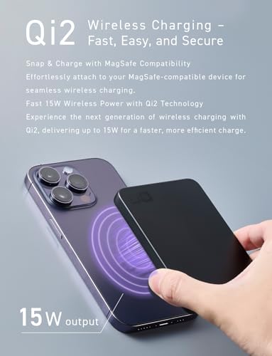 CIO SMARTCOBY Slim 5K 5000mAh Qi2 MagSafe Power Bank Safety Model (Black) | Lightweight travel, advanced overheat protection, stays cool during use, 15W wireless, 20W USB-C PD, for iPhone - color: Black