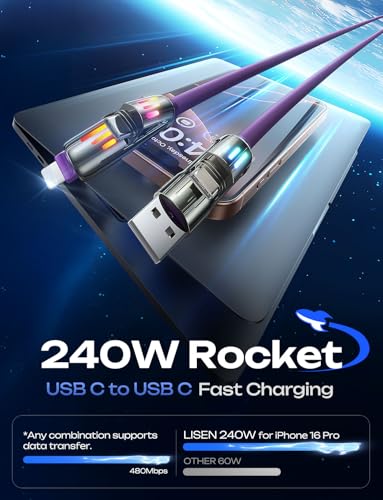 LISEN 240W Chubby USB C to USB C, 4 in 1 Charging Cable (6.6FT) with Light, USB A/C to C/L Multi Charging Cable for iPhone 16 15 14 Pro Max/MacBook/iPad Pro/SamSungS24,Purple - color: Purple, size: 6.6FT