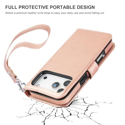 Bocasal Detachable Wallet Case Card Holder for iPhone 17 Pro Max Rose Gold | RFID Blocking Kickstand Card Slots Holder PU Leather Magnetic Shockproof Wrist Strap Removable Flip Protective Cover 6.9 inch - color: Rose Gold